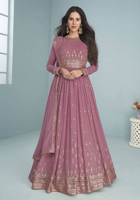 Mauve Embroidered Faux Georgette Anarkali Set