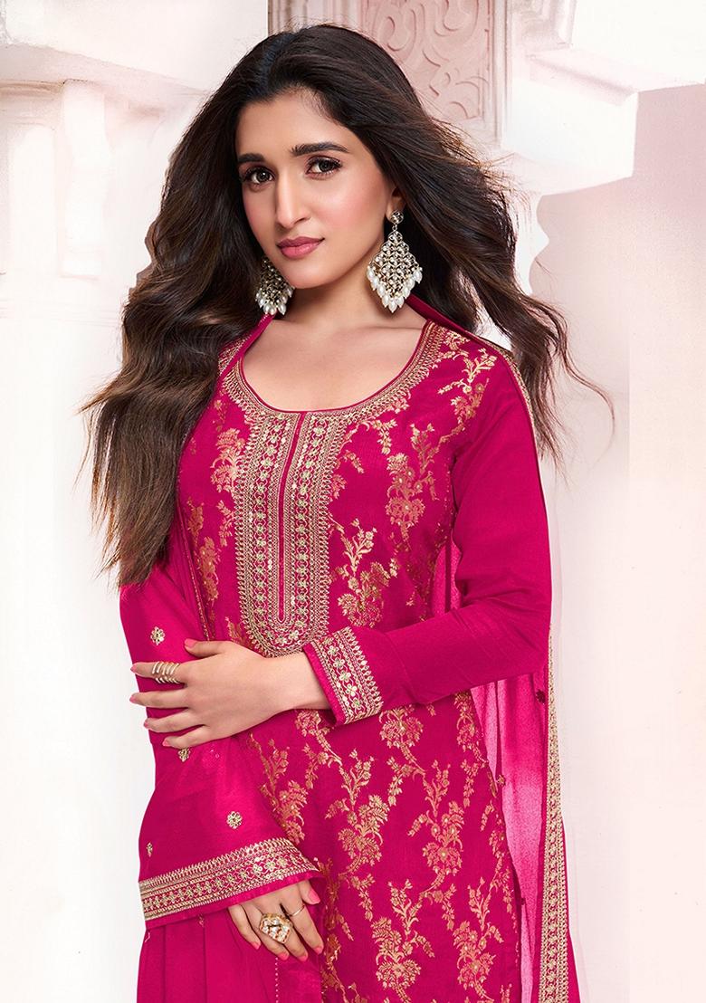 Rani Pink Embroidered Chinon Kurta Set