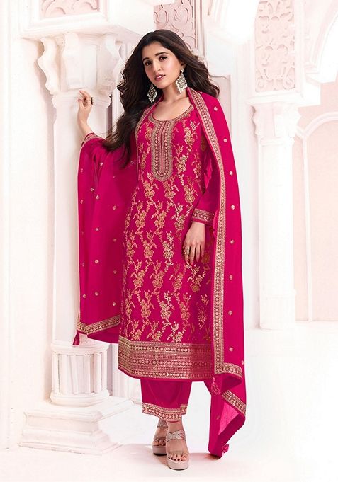 Rani Pink Embroidered Chinon Kurta Set