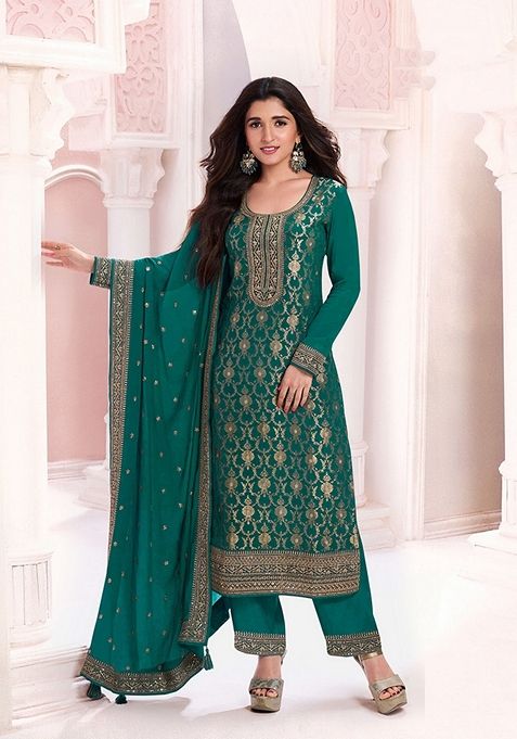 Dark Green Embroidered Chinon Kurta Set