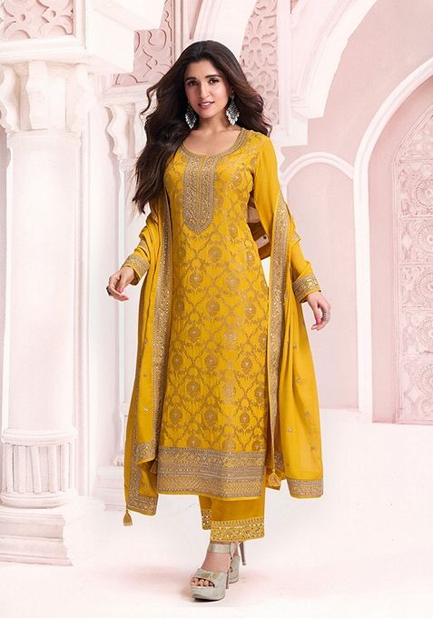 Mustard Embroidered Chinon Kurta Set