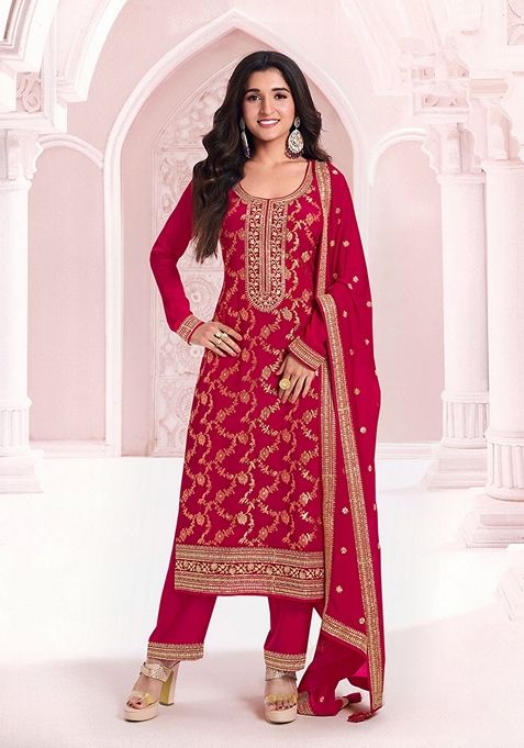 Red Embroidered Chinon Kurta Set