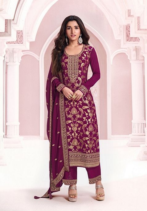 Burgundy Embroidered Chinon Kurta Set