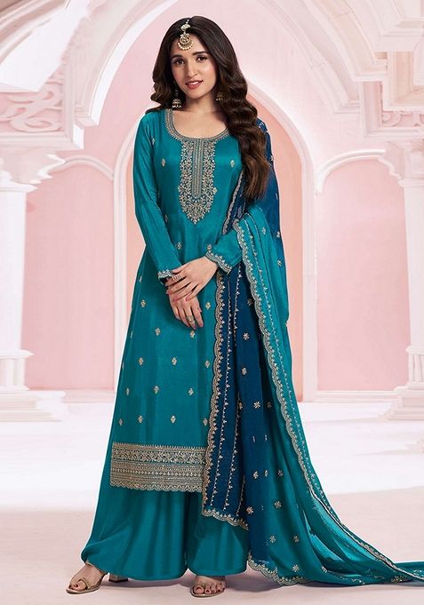 Teal Blue Embroidered Silk Georgette Kurta Set