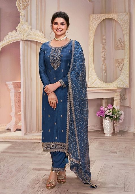 Navy Blue Embroidered Silk Georgette Kurta Set