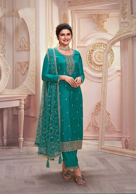 Teal Embroidered Silk Georgette Kurta Set