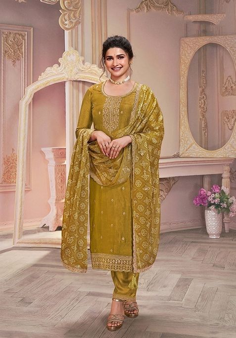 Mustard Embroidered Silk Georgette Kurta Set