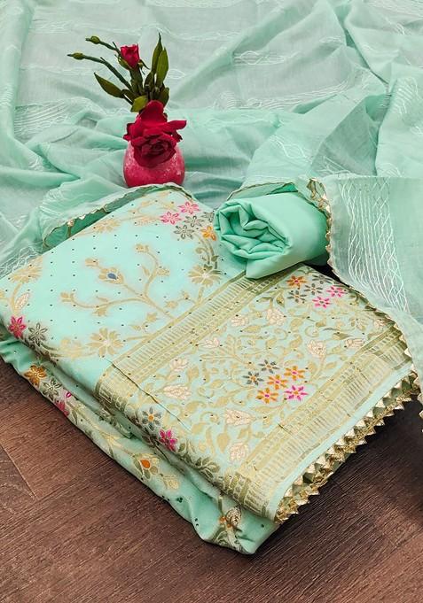 Turquoise Blue Floral Embroidered Poly Blend Dress Material
