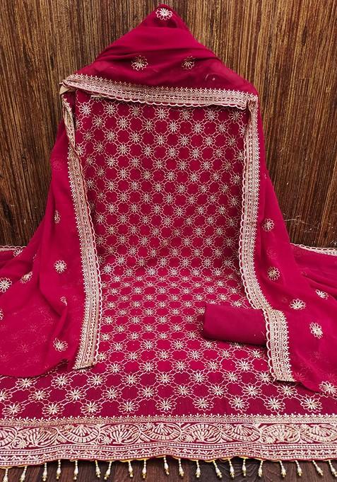 Red Ethnic Motifs Woven Poly Blend Dress Material