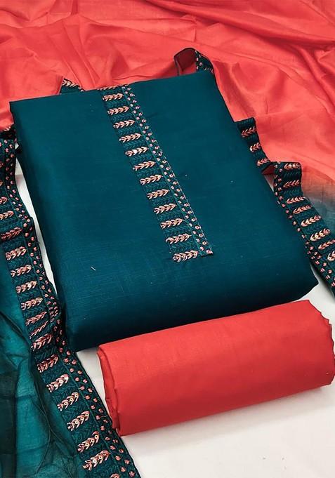 Blue Ethnic Motifs Embroidered Poly Blend Dress Material