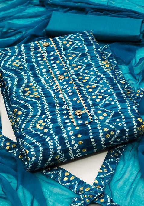 Blue Printed Poly Blend Dress Material