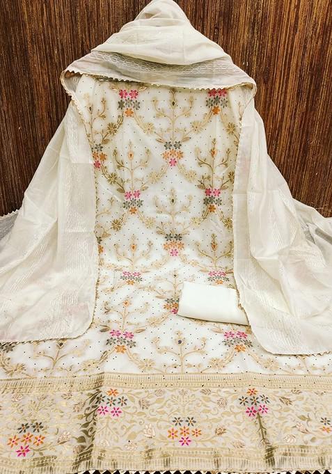 White Floral Embroidered Poly Blend Dress Material