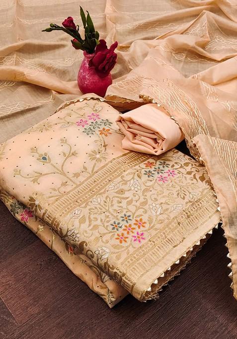 Orange Embroidered Poly Blend Dress Material