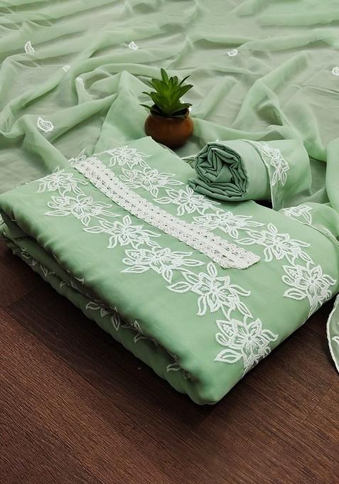 Green Embroidered Poly Blend Dress Material