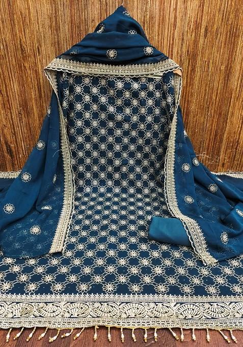 Blue Floral Embroidered Poly Blend Dress Material