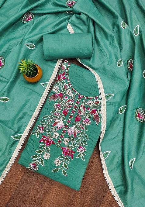 Teal Embroidered Poly Blend Dress Material