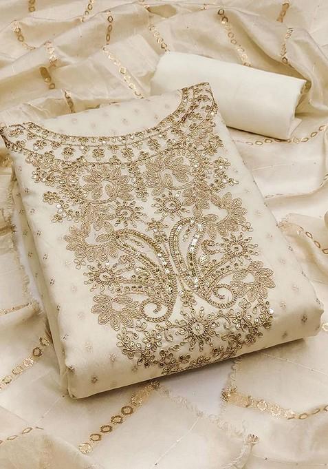 White Embroidered Poly Blend Dress Material