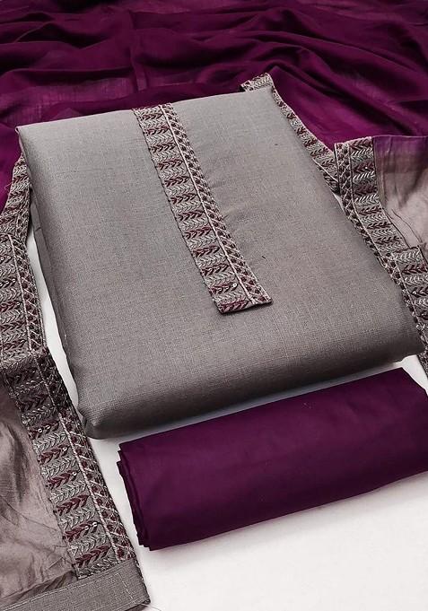 Grey Embroidered Poly Blend Dress Material