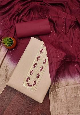 Beige Embroidered Poly Blend Dress Material