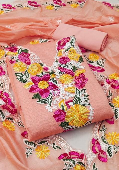 Orange Embroidered Poly Blend Dress Material