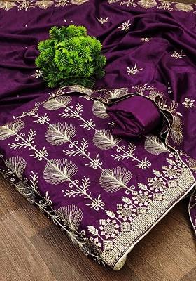 Purple Floral Embroidered Poly Blend Dress Material