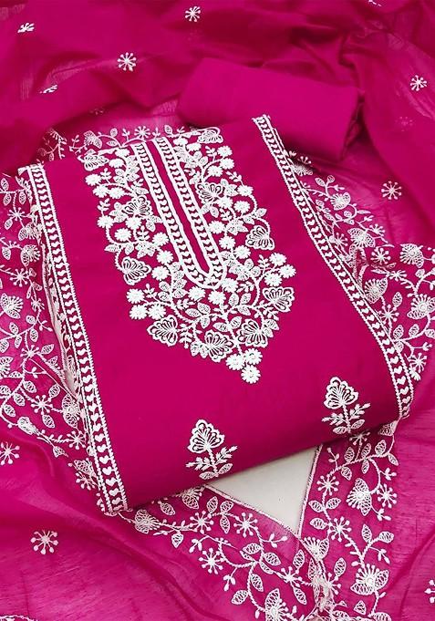 Pink Ethnic Motifs Embroidered Poly Blend Dress Material