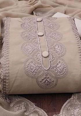 Brown Floral Embroidered Poly Blend Dress Material