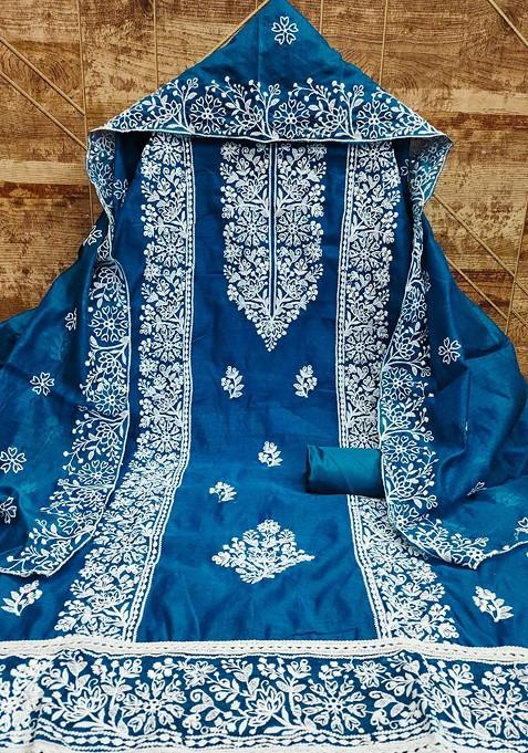Blue Ethnic Motifs Embroidered Poly Blend Dress Material