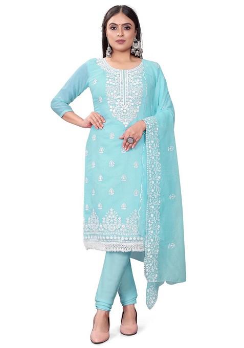 Blue Ethnic Motifs Embroidered Poly Blend Dress Material