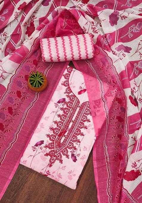 Pink Embroidered Poly Blend Dress Material