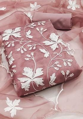 Brown Embroidered Poly Blend Dress Material