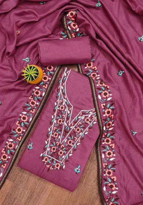 Pink Embroidered Poly Blend Dress Material