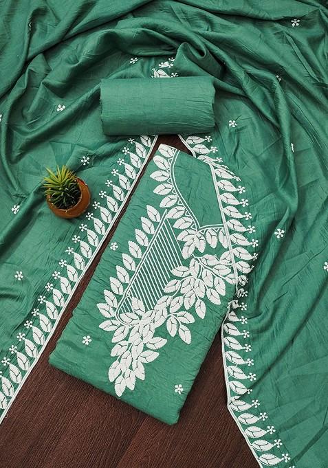 Green Embroidered Poly Blend Dress Material