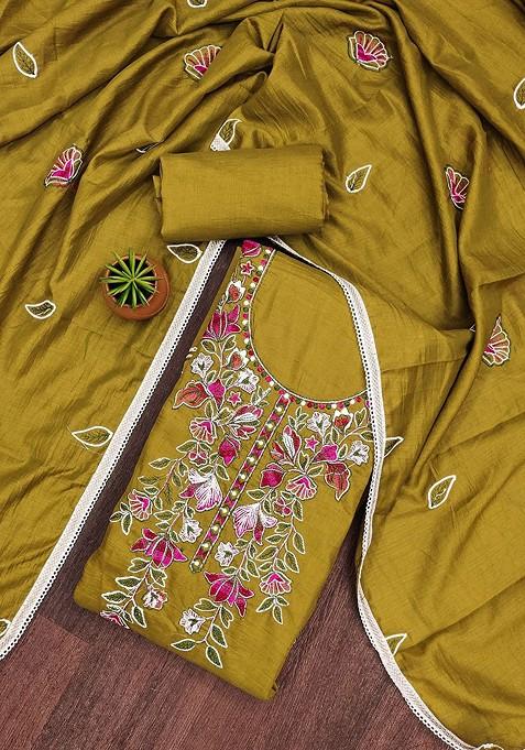 Mustard Embroidered Poly Blend Dress Material