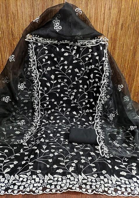 Black Embroidered Poly Blend Dress Material
