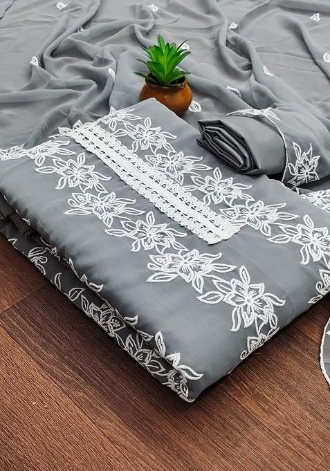 Grey Embroidered Poly Blend Dress Material