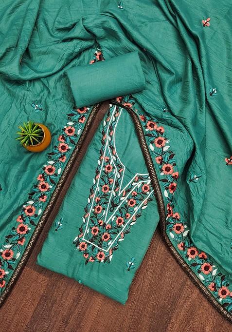 Teal Embroidered Poly Blend Dress Material