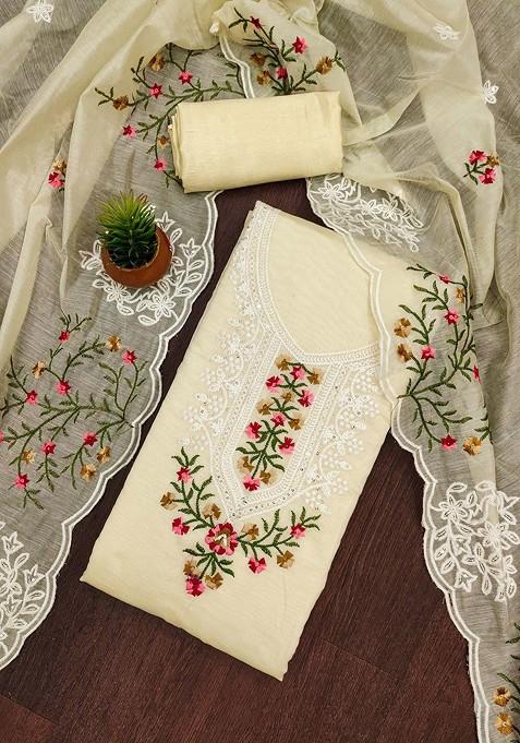 Cream Embroidered Poly Blend Dress Material