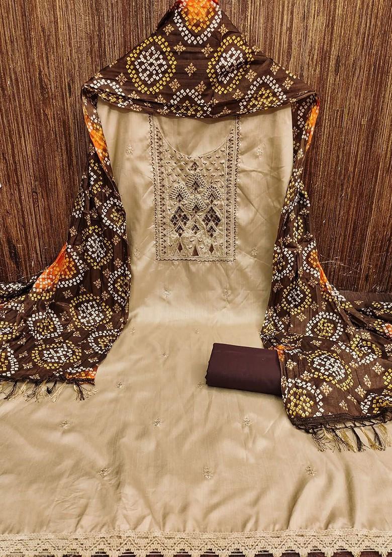 Brown Embroidered Poly Blend Dress Material