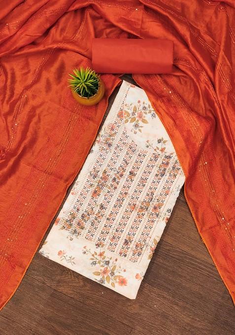 Orange Embroidered Poly Blend Dress Material
