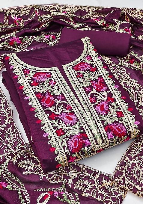 Purple Embroidered Poly Blend Dress Material
