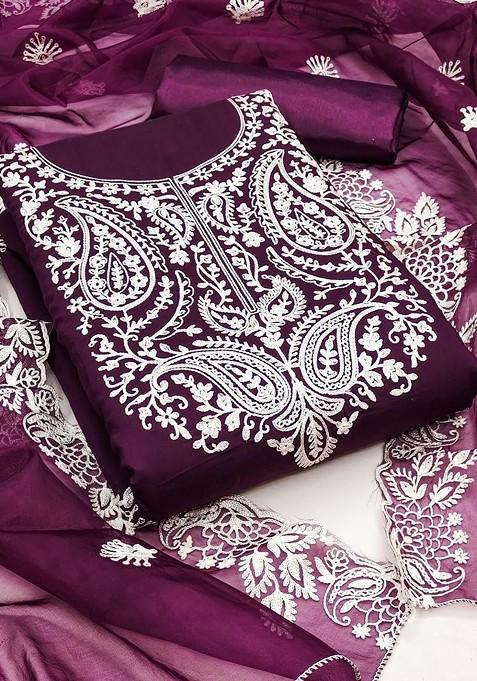 Purple Embroidered Poly Blend Dress Material