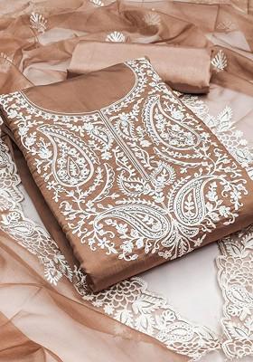 Brown Embroidered Poly Blend Dress Material