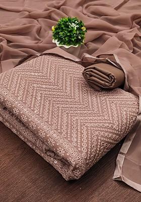 Brown Embroidered Poly Blend Dress Material