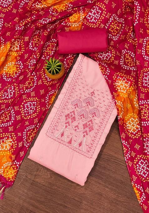 Peach Embroidered Poly Blend Dress Material