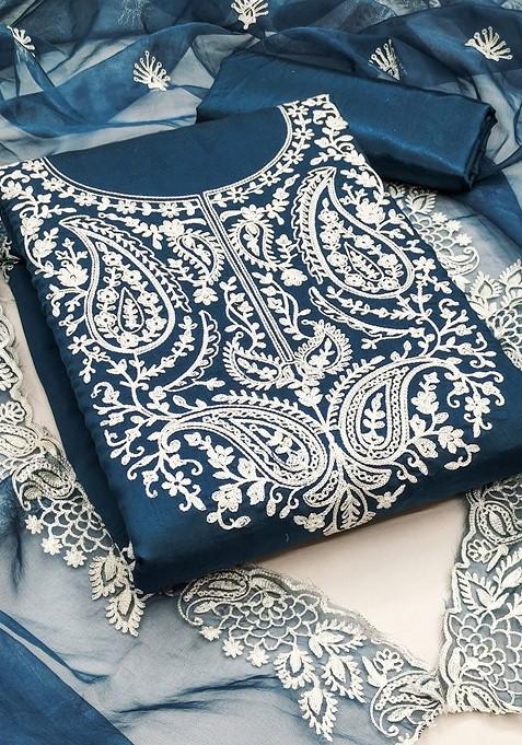 Blue Embroidered Poly Blend Dress Material