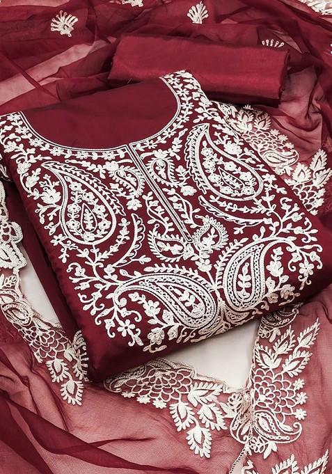 Red Embroidered Poly Blend Dress Material