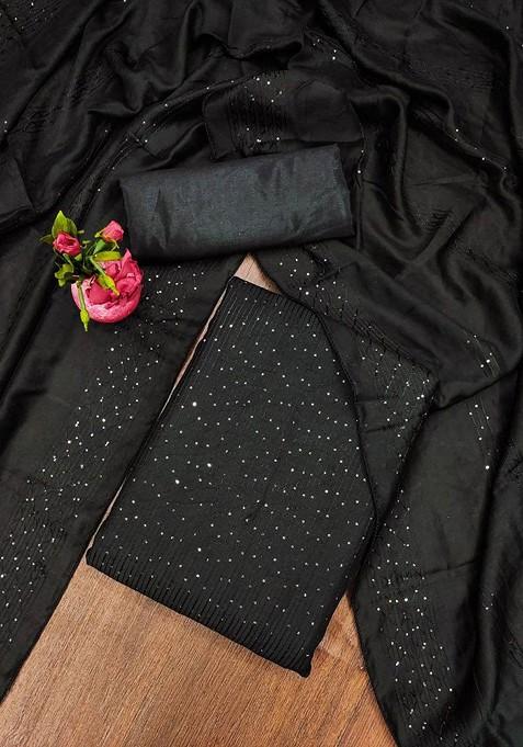 Black Embroidered Poly Blend Dress Material