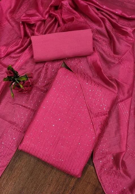 Pink Embroidered Poly Blend Dress Material