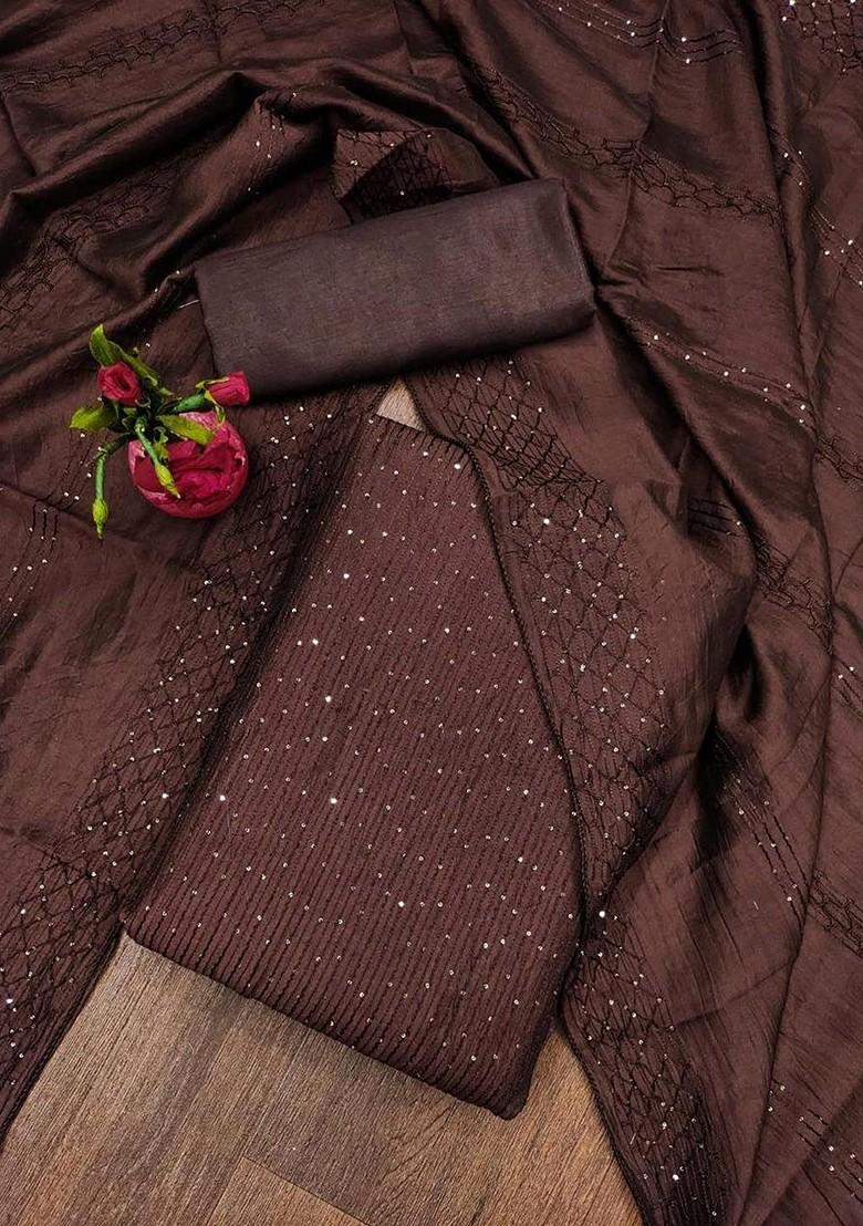 Brown Embroidered Poly Blend Dress Material